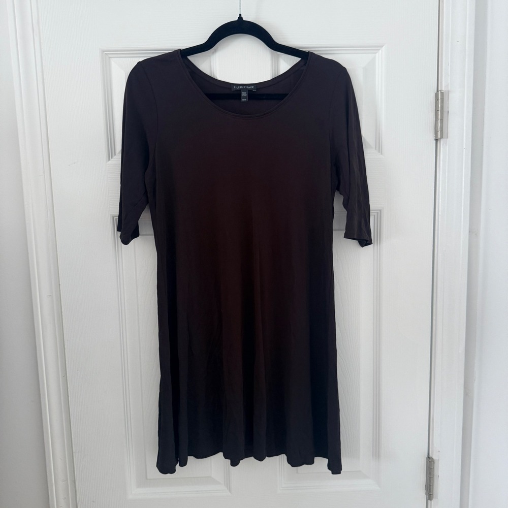 Eileen Fisher Womens 100% Silk Jersey Scoop Neck Elbow Sleeve Dress Brown Medium